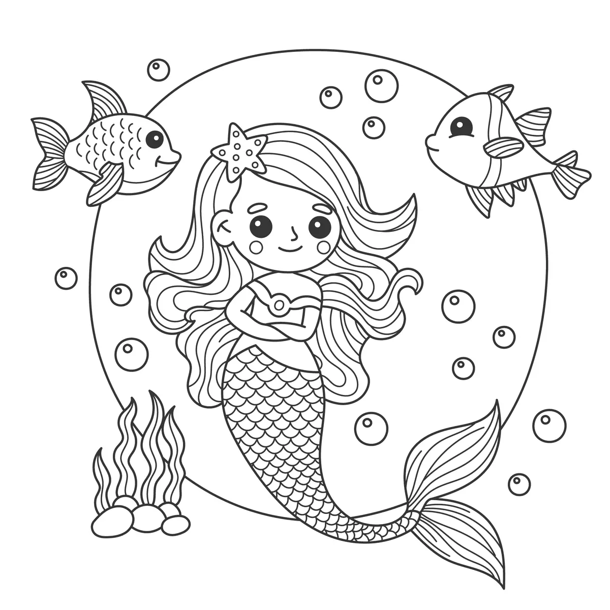 Coloriage sirene kawaii etoile cheveux poissons cercle a imprimer