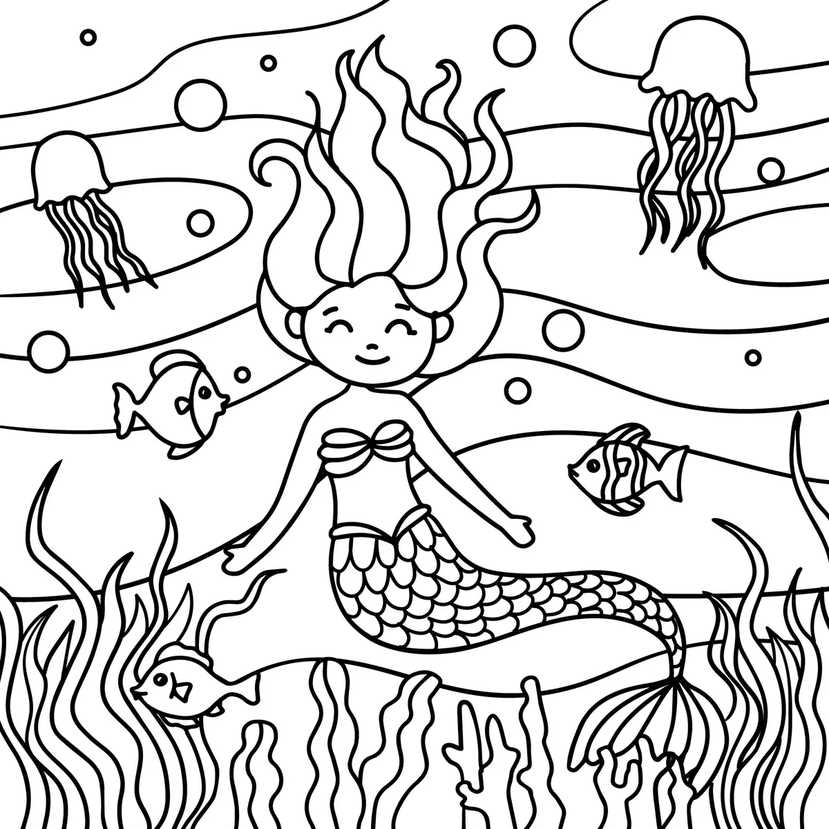 Coloriage sirene nage queue dorsale meduses algues complexes a imprimer