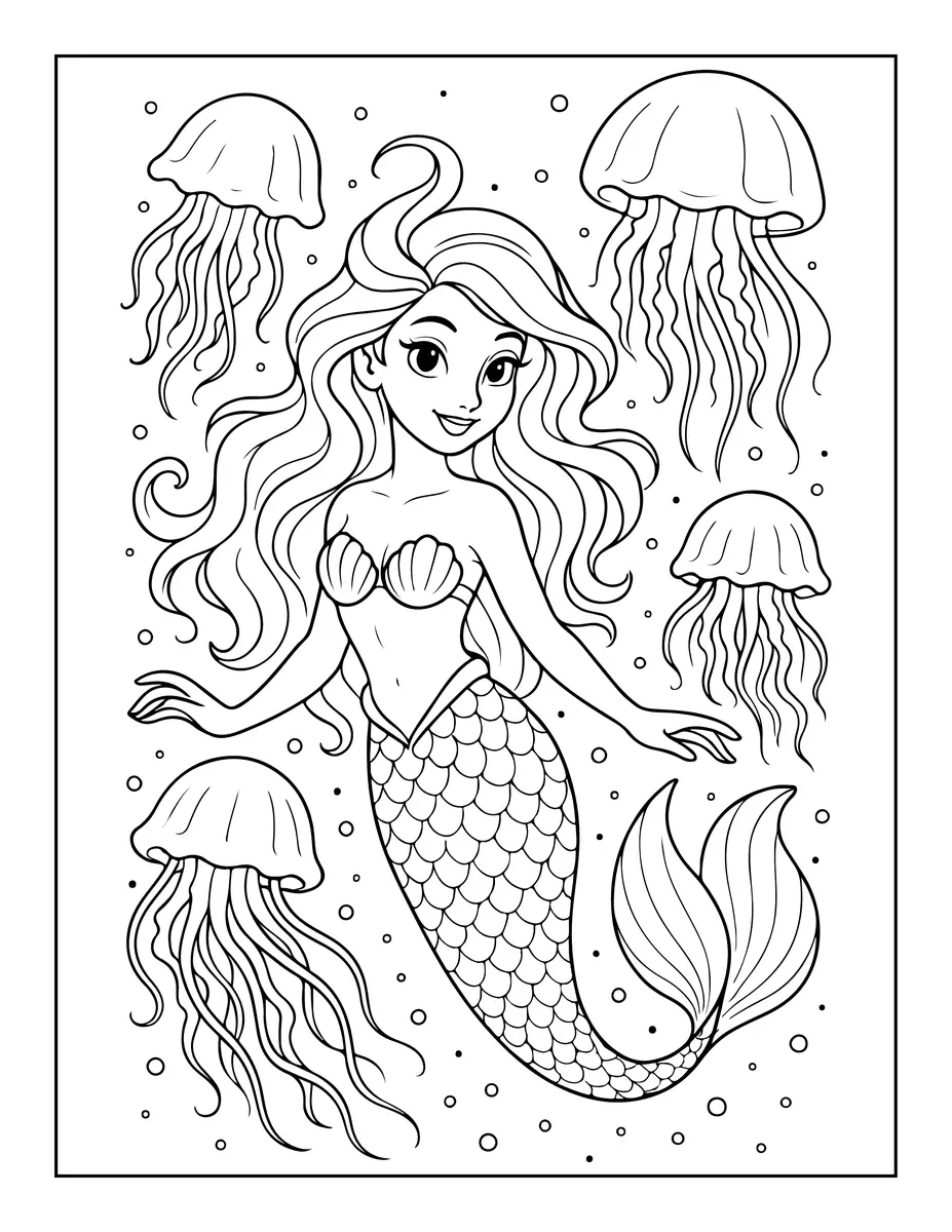 Coloriage sirene princesse cheveux longs trois meduses bulles a imprimer