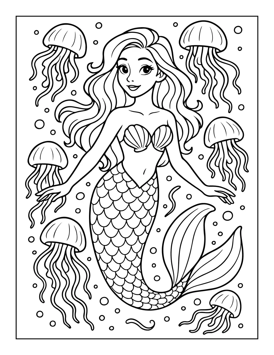 Coloriage sirene six meduses cheveux ondules queue ecailles a imprimer