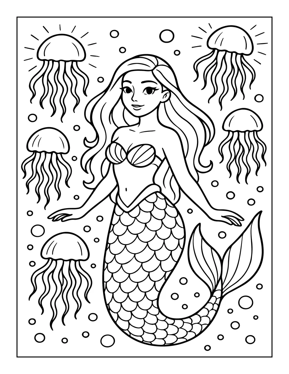 Coloriage sirene quatre meduses rayons soleil bulles cadre a imprimer