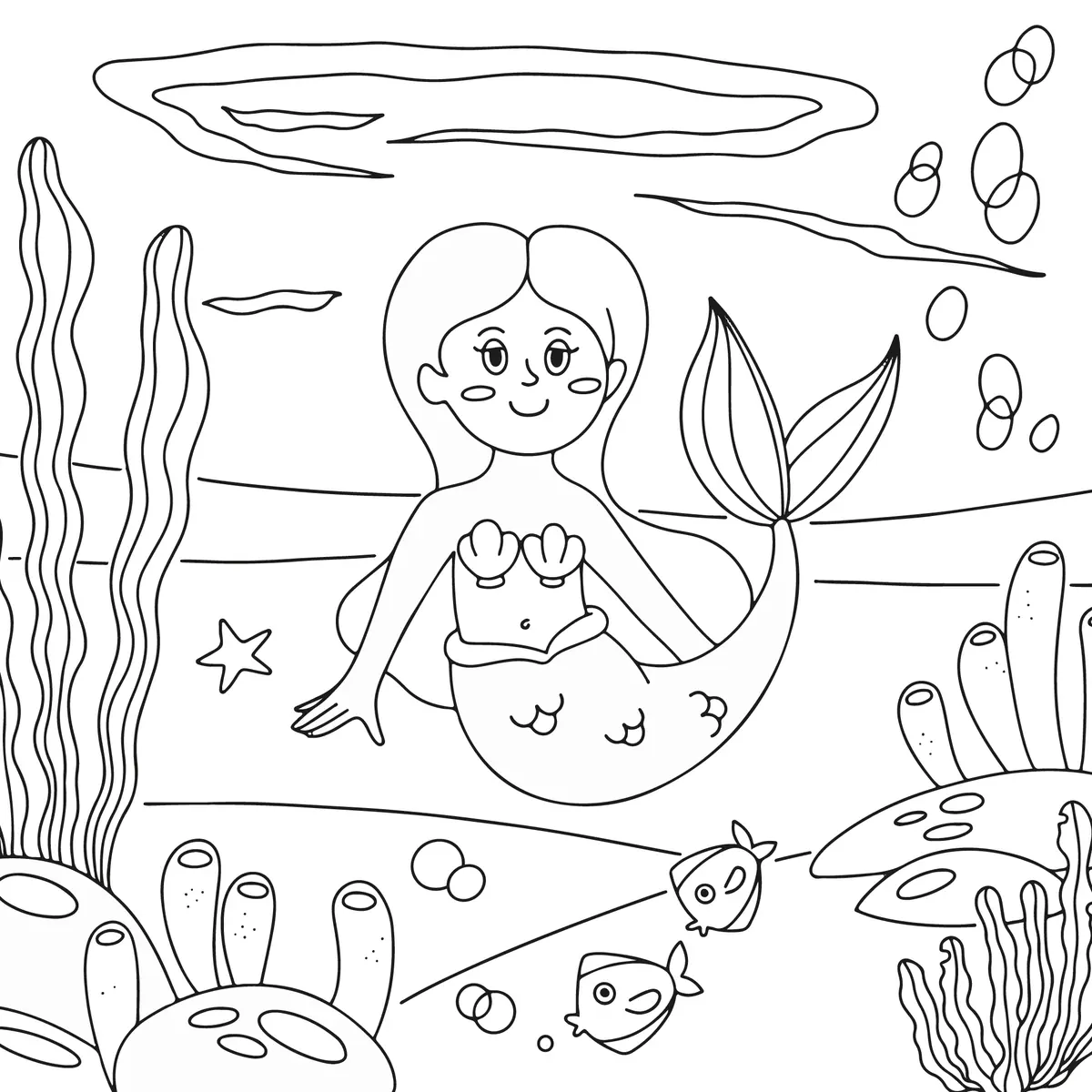 Coloriage sirene assise paysage marin doux algues poissons a imprimer