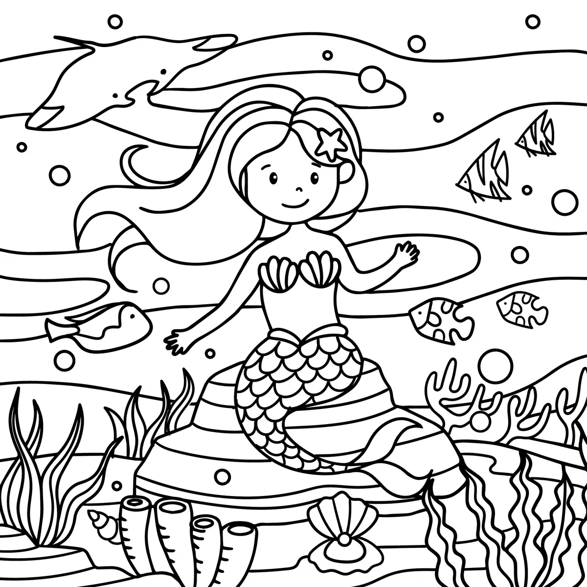 Coloriage sirene sur rocher dauphin coraux algues a imprimer