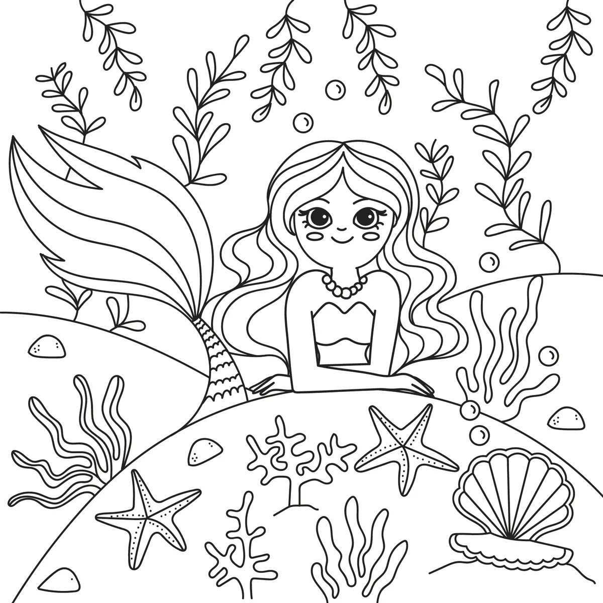 Coloriage sirene appuyee rocher etoiles mer coquillage algues a imprimer