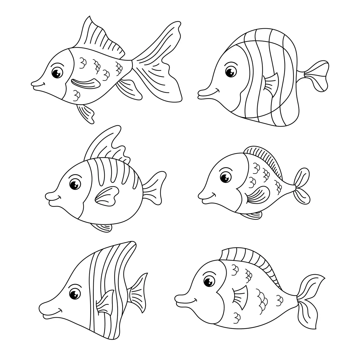 Coloriage de six poissons rigolos variés à imprimer