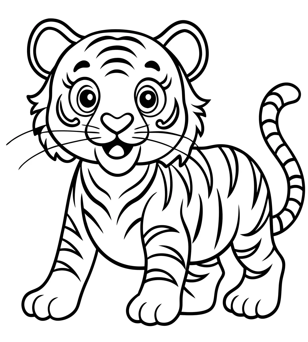 Coloriage bébé tigre cartoon souriant aux grands yeux à imprimer