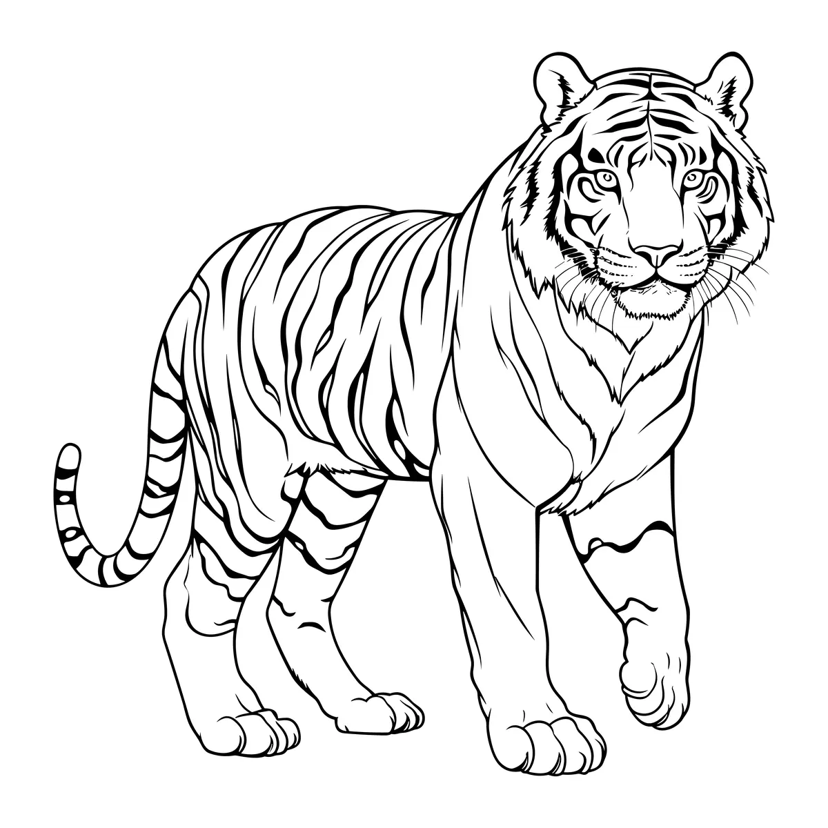 Coloriage tigre cartoon assis entre des feuilles tropicales à imprimer