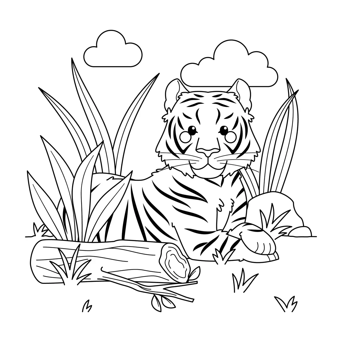 Coloriage grand tigre dans les hautes herbes à imprimer