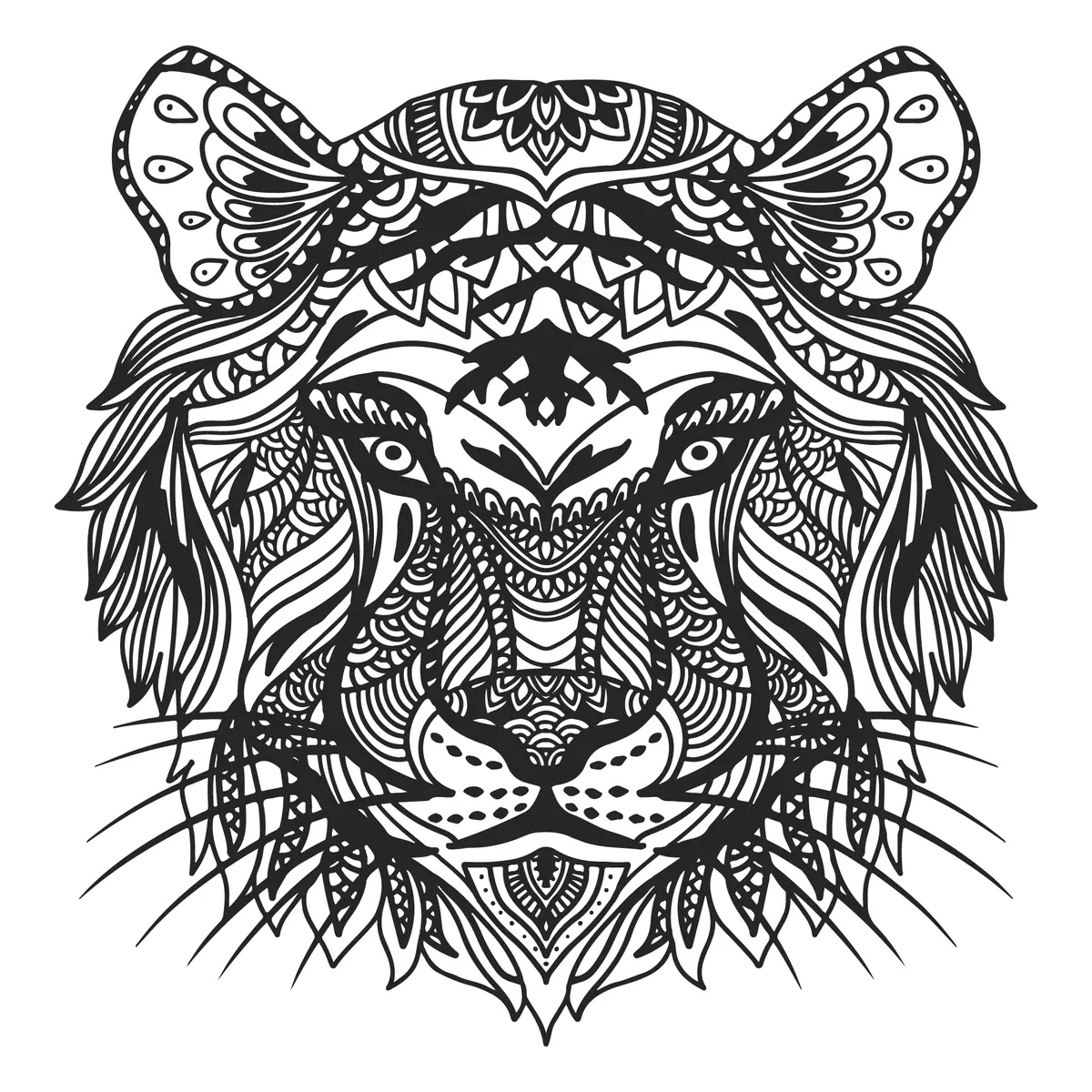 Coloriage mandala tête de tigre stylisée avec motifs détaillés à imprimer