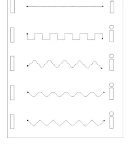 Fiche de graphisme créneaux à imprimer : tracés pointillés découverte (trait, créneaux, vagues, zigzag) pour la moyenne section, à imprimer