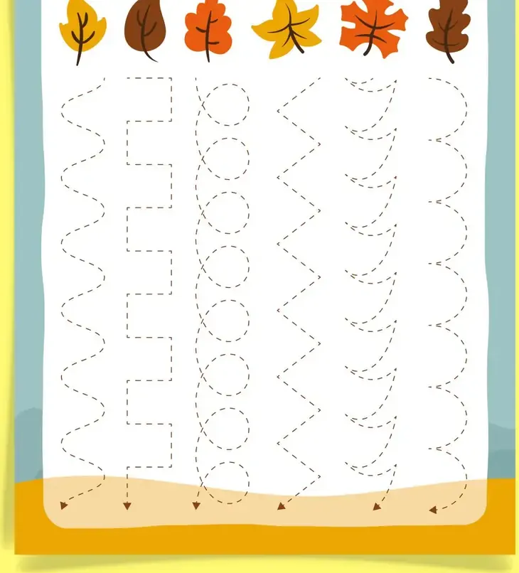 Fiche de graphisme créneaux thème automne avec feuilles à suivre en colonnes, à imprimer