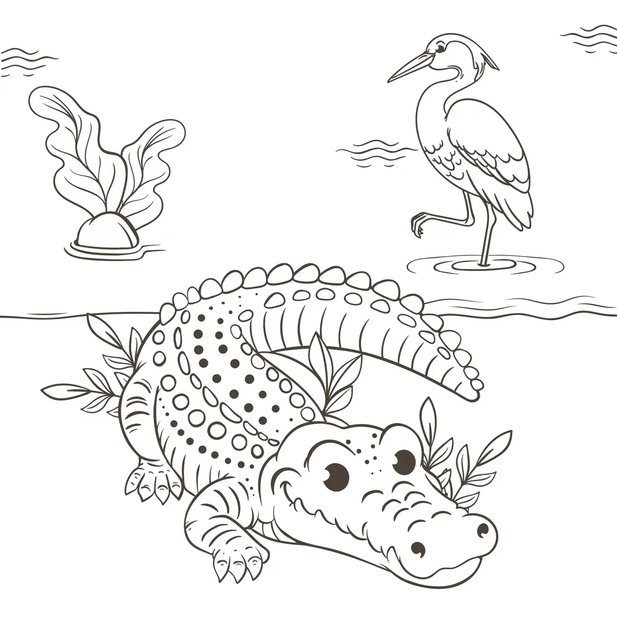 Coloriage crocodile et héron dans la mangrove à imprimer