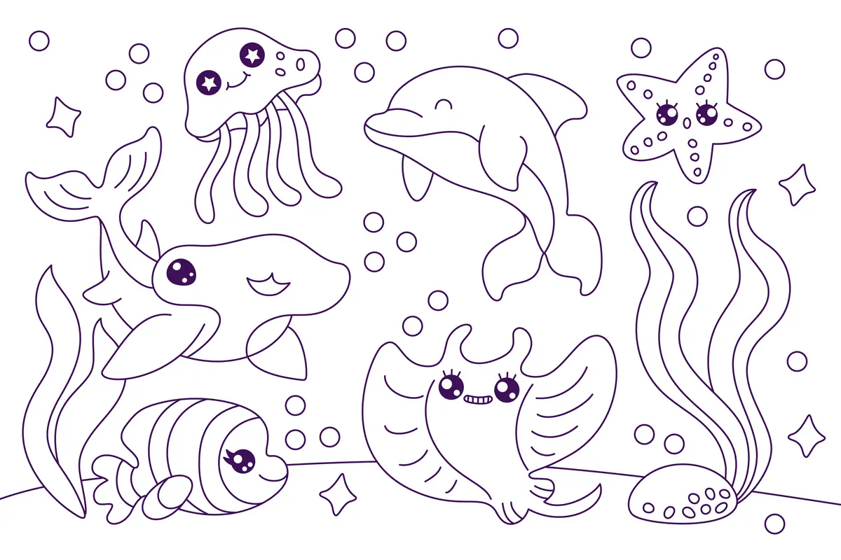 Coloriage dauphin kawaii meduse raie etoile
