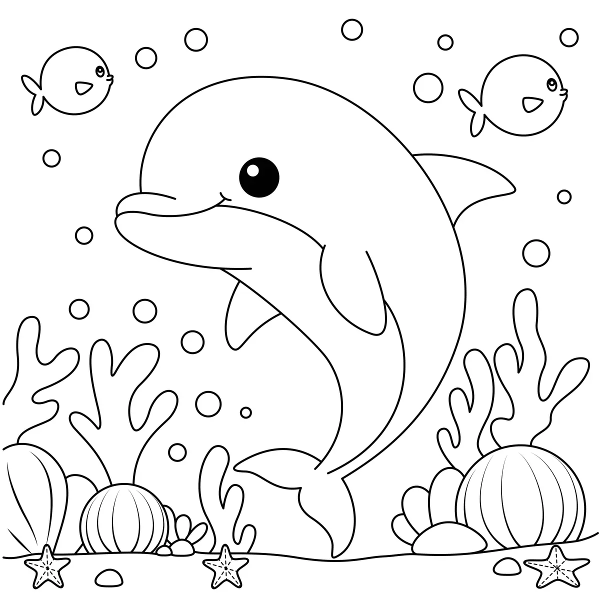 Coloriage dauphin kawaii avec poissons et corail