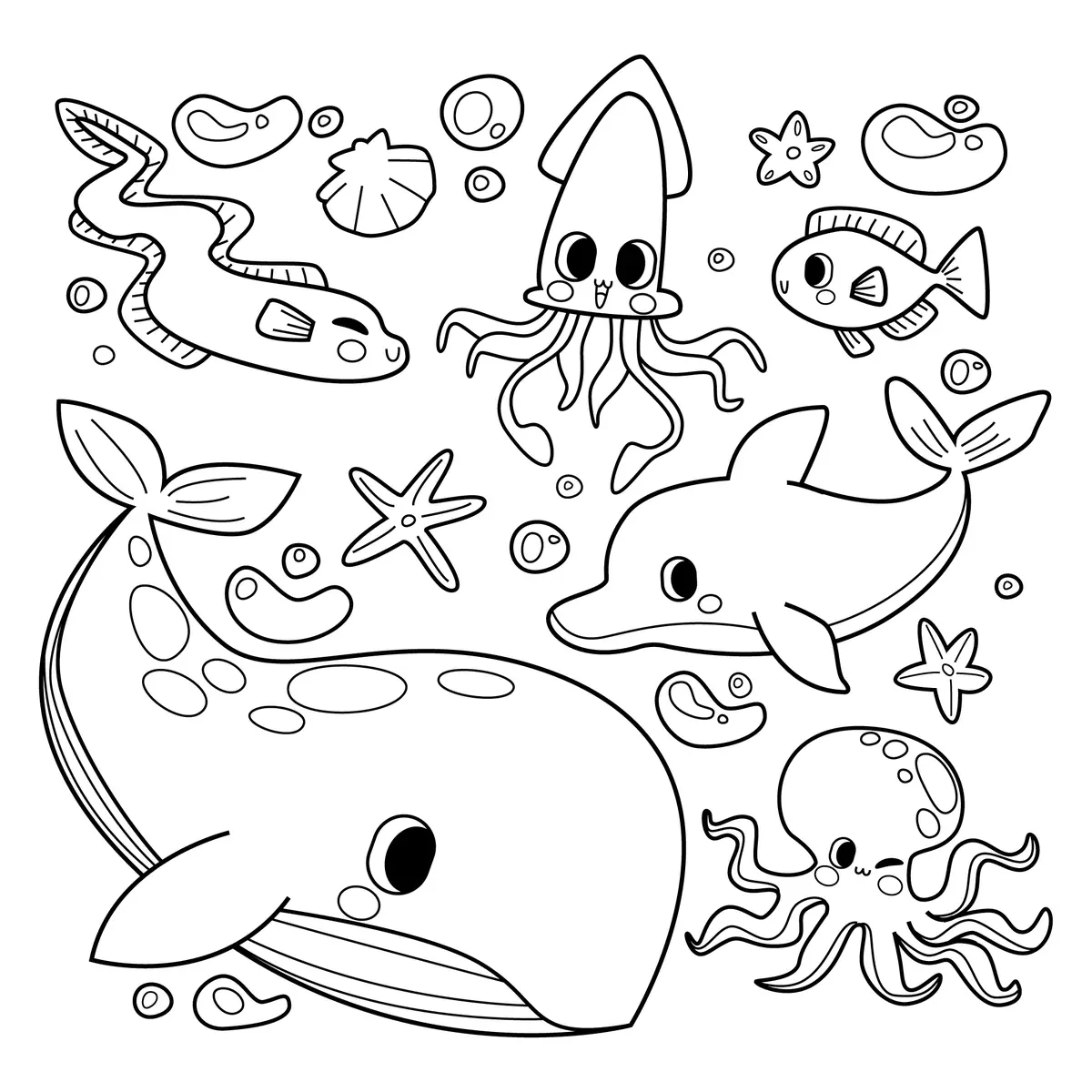 Coloriage dauphin ocean baleine calmar poissons