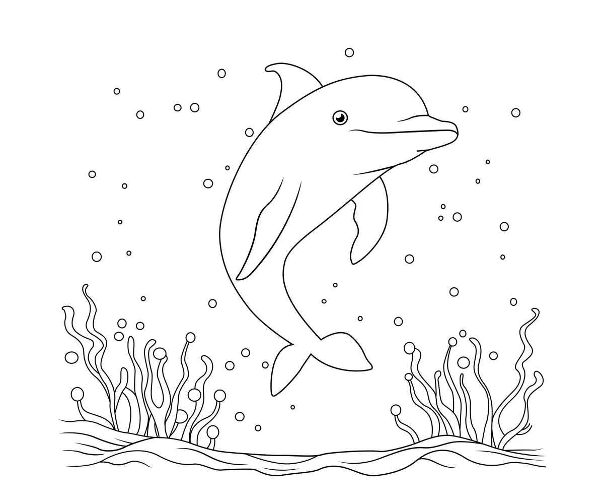 Coloriage dauphin avec algues et bulles