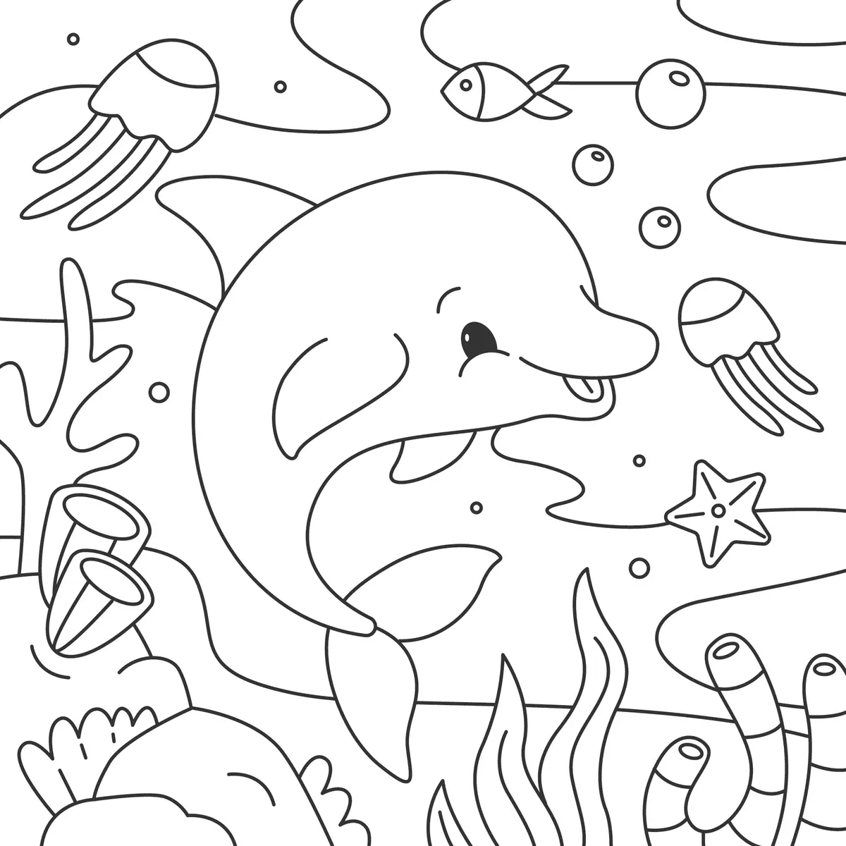 Coloriage dauphin scene sous-marine coraux