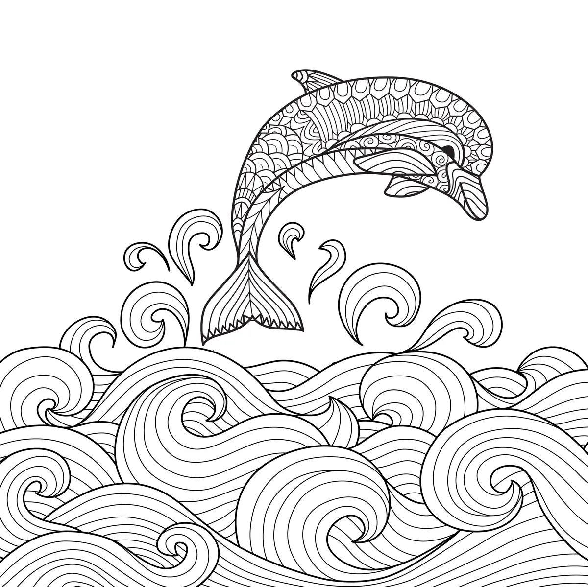 Coloriage dauphin zentangle vagues mandala