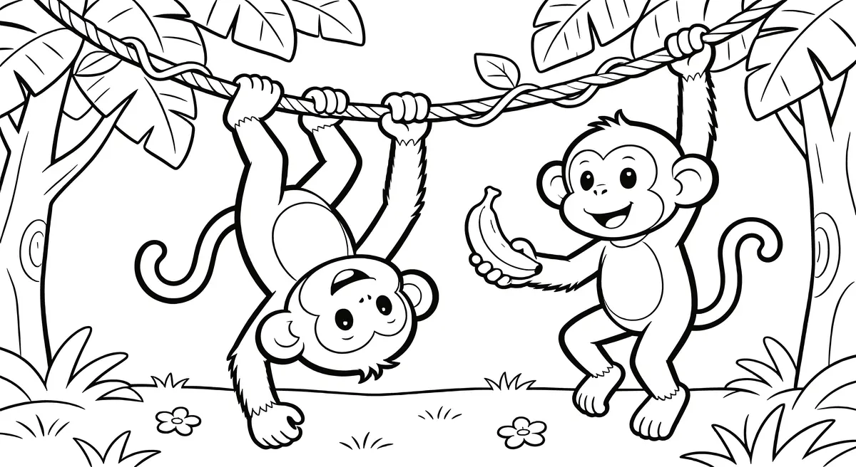 Coloriage deux singes cartoon dans la jungle qui se passent une banane à imprimer
