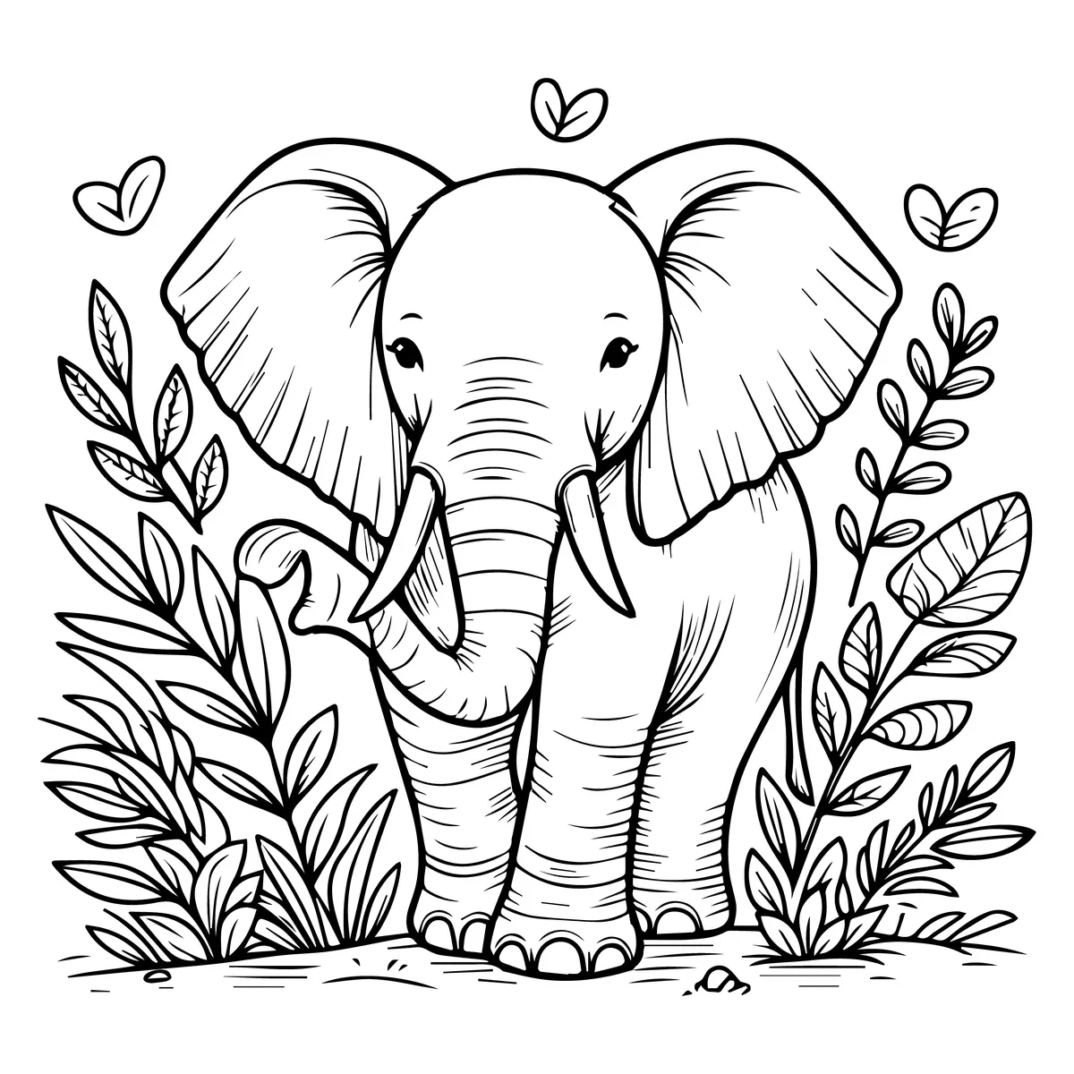 Coloriage éléphant avec défenses entouré de plantes et feuillages à imprimer
