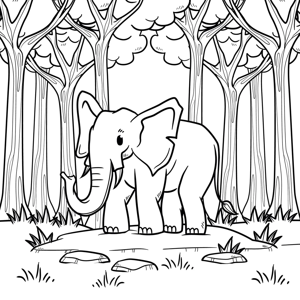 Coloriage éléphant dans une forêt d'arbres simples avec rochers à imprimer