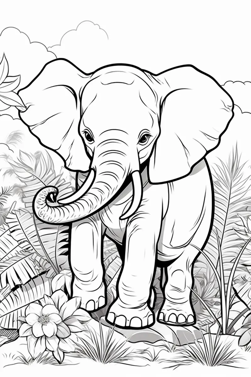 Coloriage bébé éléphant dans la jungle avec lianes et fleurs tropicales à imprimer