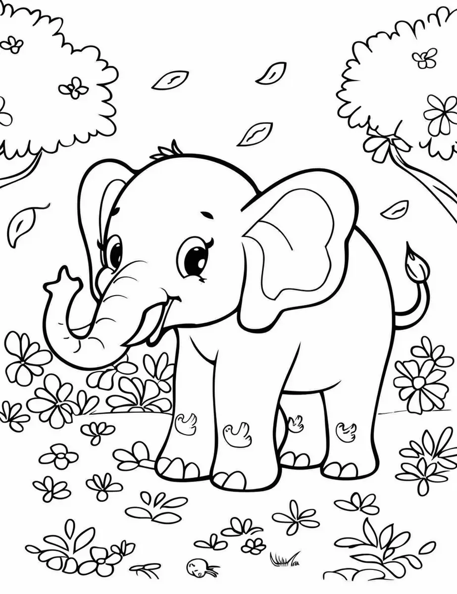 Coloriage éléphant dans une prairie remplie de fleurs avec feuilles qui tombent à imprimer
