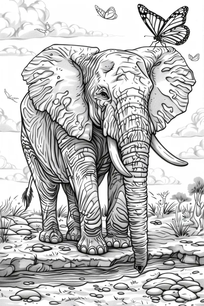 Coloriage éléphant réaliste très détaillé avec papillons et défenses à imprimer