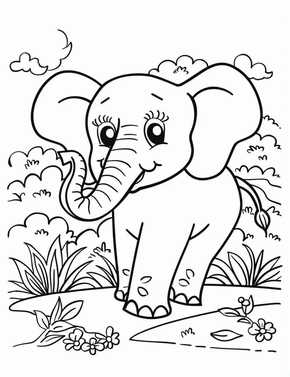 Coloriage éléphant souriant sur un chemin avec nuages et buissons à imprimer