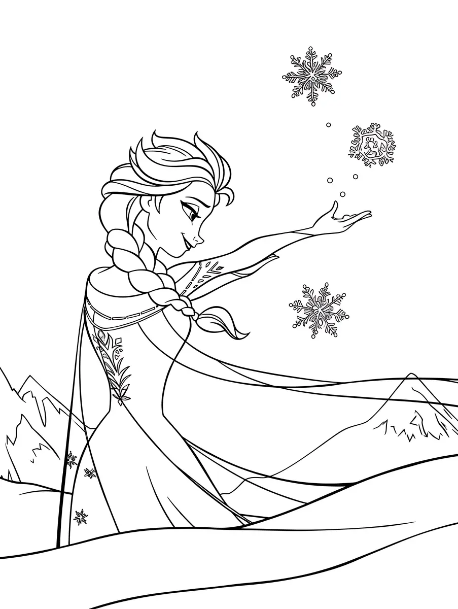 Coloriage Elsa libérant sa magie de glace et flocons à imprimer