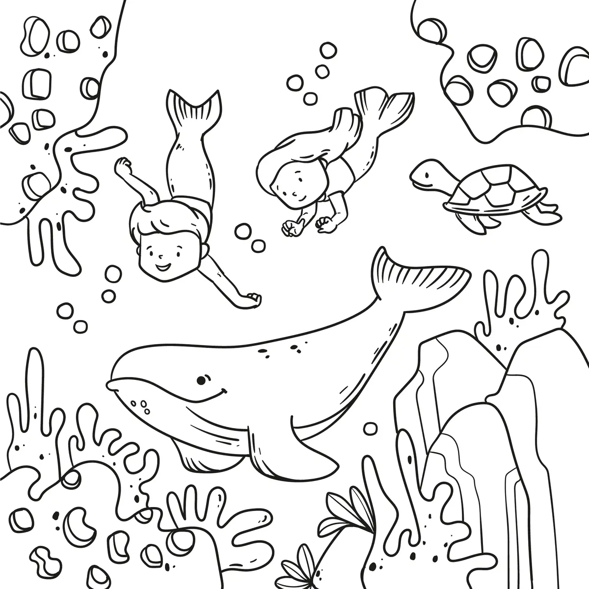 Coloriage enfants nageant avec une baleine et une tortue à imprimer