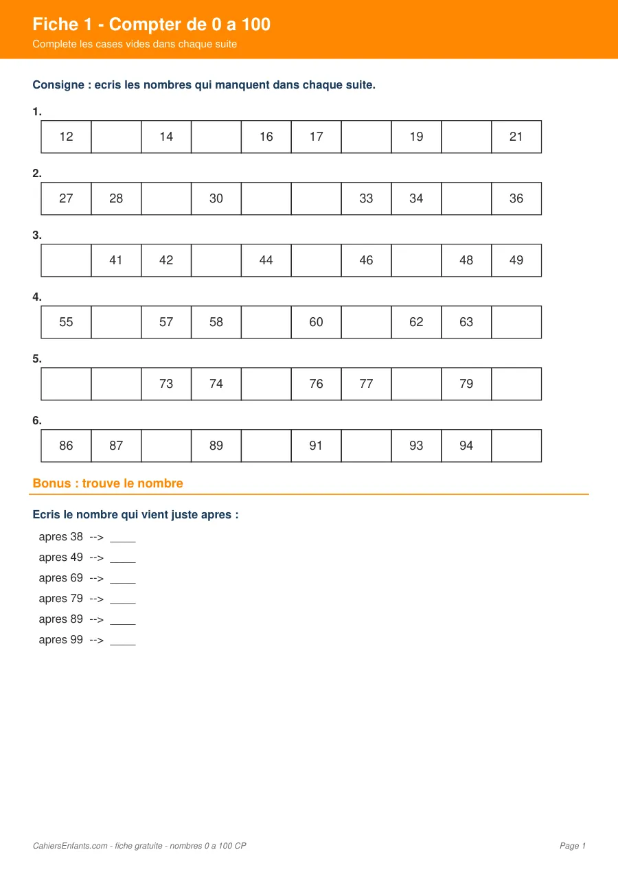 Aperçu fiche 1 - suite numérique CP