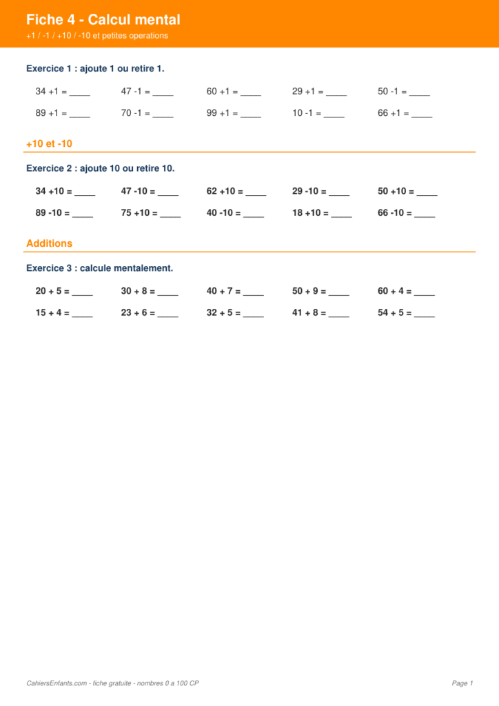 Aperçu fiche 4 - calcul mental CP