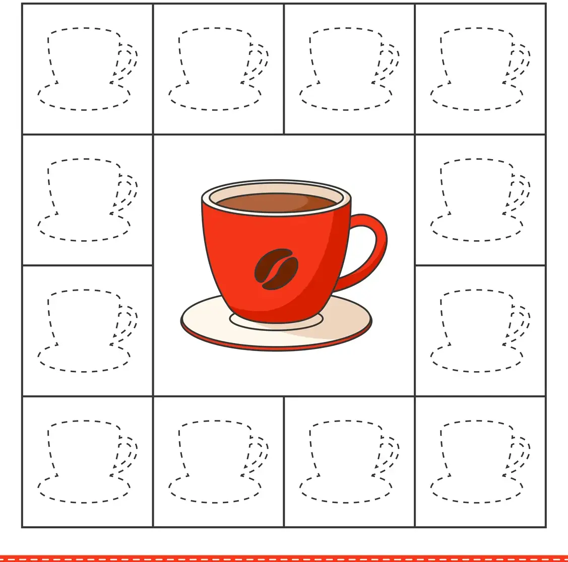 Fiche graphisme grande section grille de douze coupes autour d'une tasse modèle à imprimer
