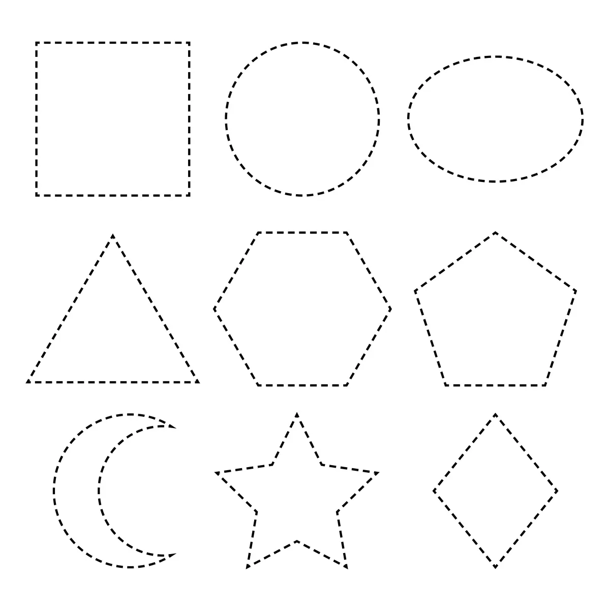 Fiche graphisme petite section avec 9 formes géométriques en pointillés à imprimer