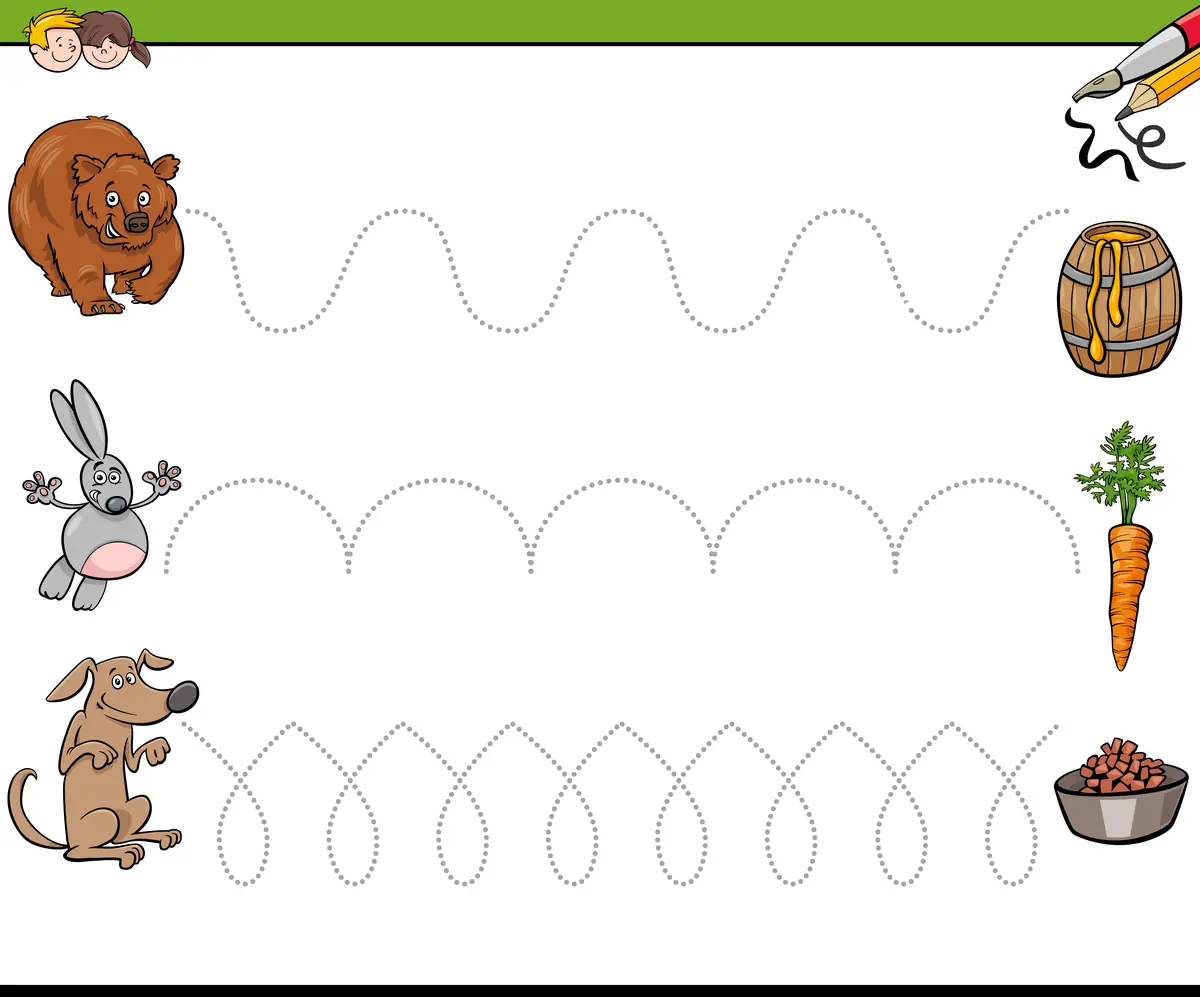 Fiche graphisme petite section avec ours lapin et chien gourmands à imprimer