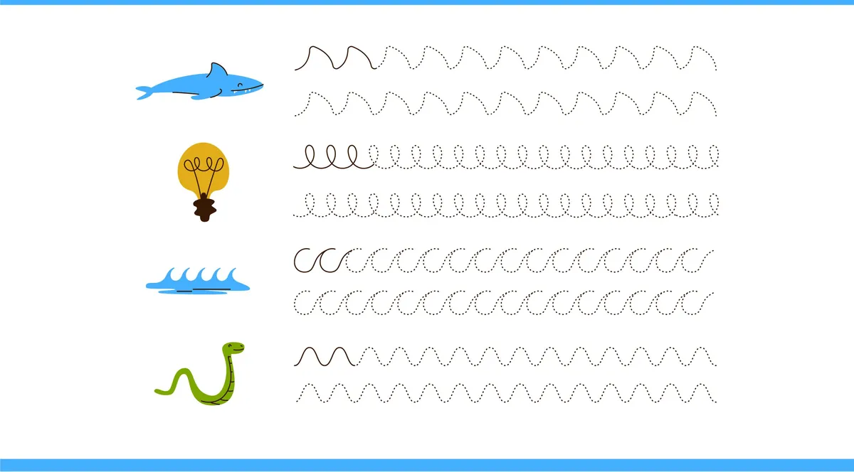 Fiche de graphisme moyenne section avec 4 lignes pointillées et illustrations requin, ampoule, vagues, serpent à imprimer