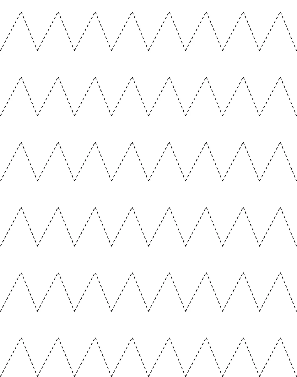 Fiche de graphisme moyenne section avec 6 lignes de zigzags pointus en tirets serrés noirs à imprimer