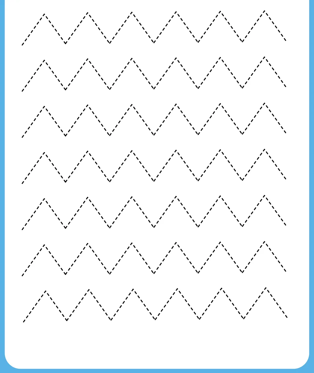 Fiche de graphisme moyenne section avec 7 lignes de zigzags en tirets noirs sur fond blanc à imprimer