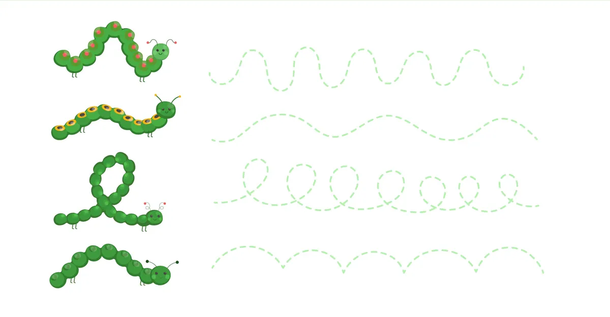 Fiche de graphisme moyenne section avec chenilles vertes et 4 tracés ondulés pointillés à imprimer