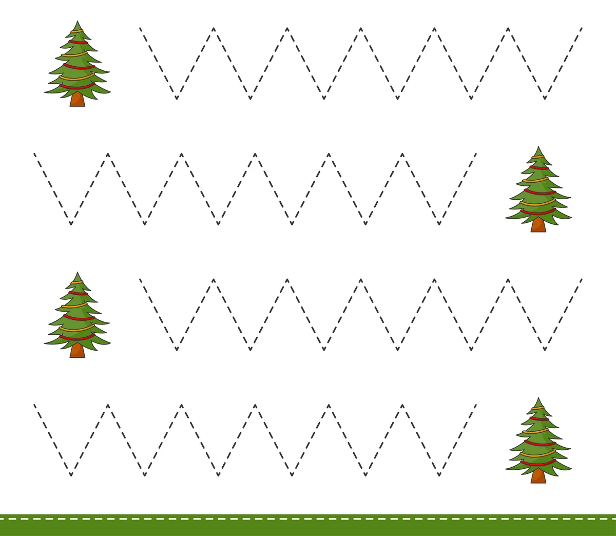 Fiche de graphisme moyenne section avec sapins décorés rouges et 4 lignes de zigzags en tirets à imprimer