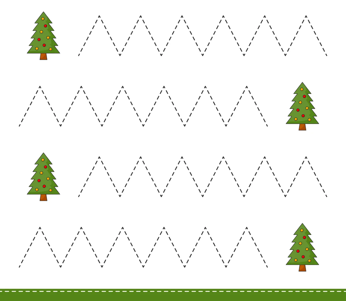 Fiche de graphisme moyenne section avec sapins de fêtes et boules colorées avec 4 lignes de zigzags à imprimer