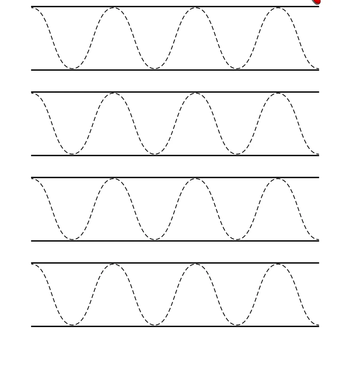 Fiche de graphisme moyenne section avec 4 grandes vagues à suivre au crayon entre deux lignes à imprimer