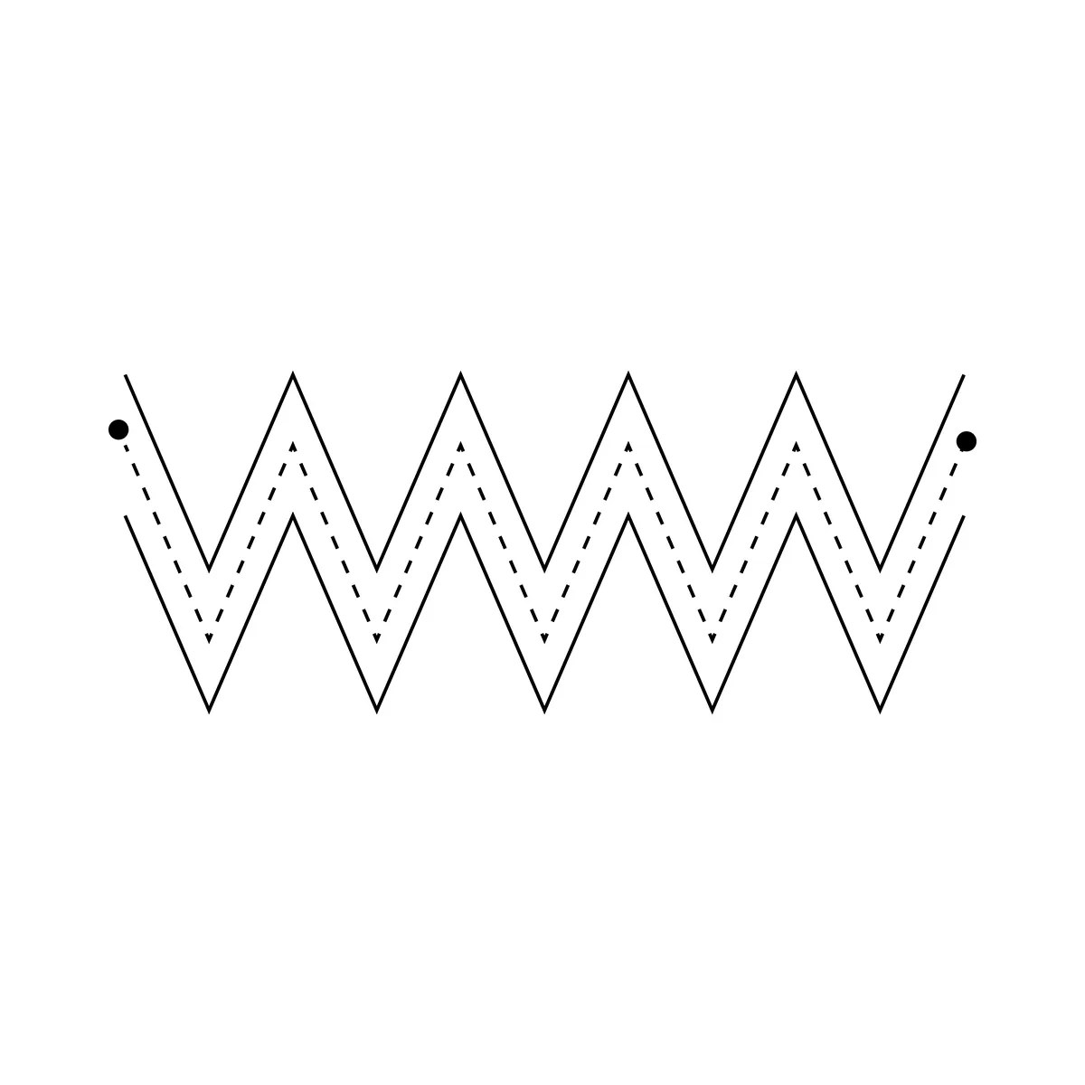 Fiche de graphisme moyenne section avec un grand zigzag WWW pointillé noir et points de départ à imprimer