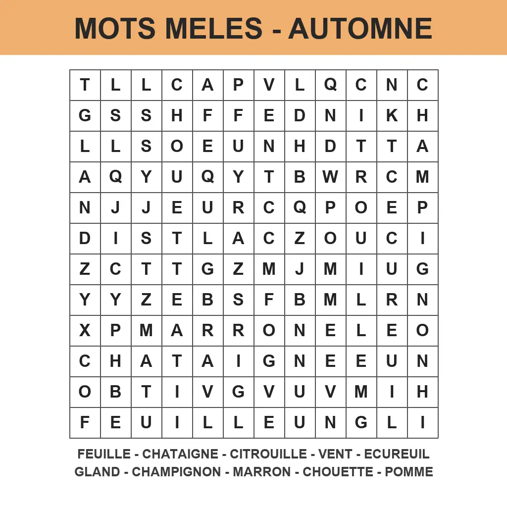 Grille de mots mêlés automne à imprimer pour enfant