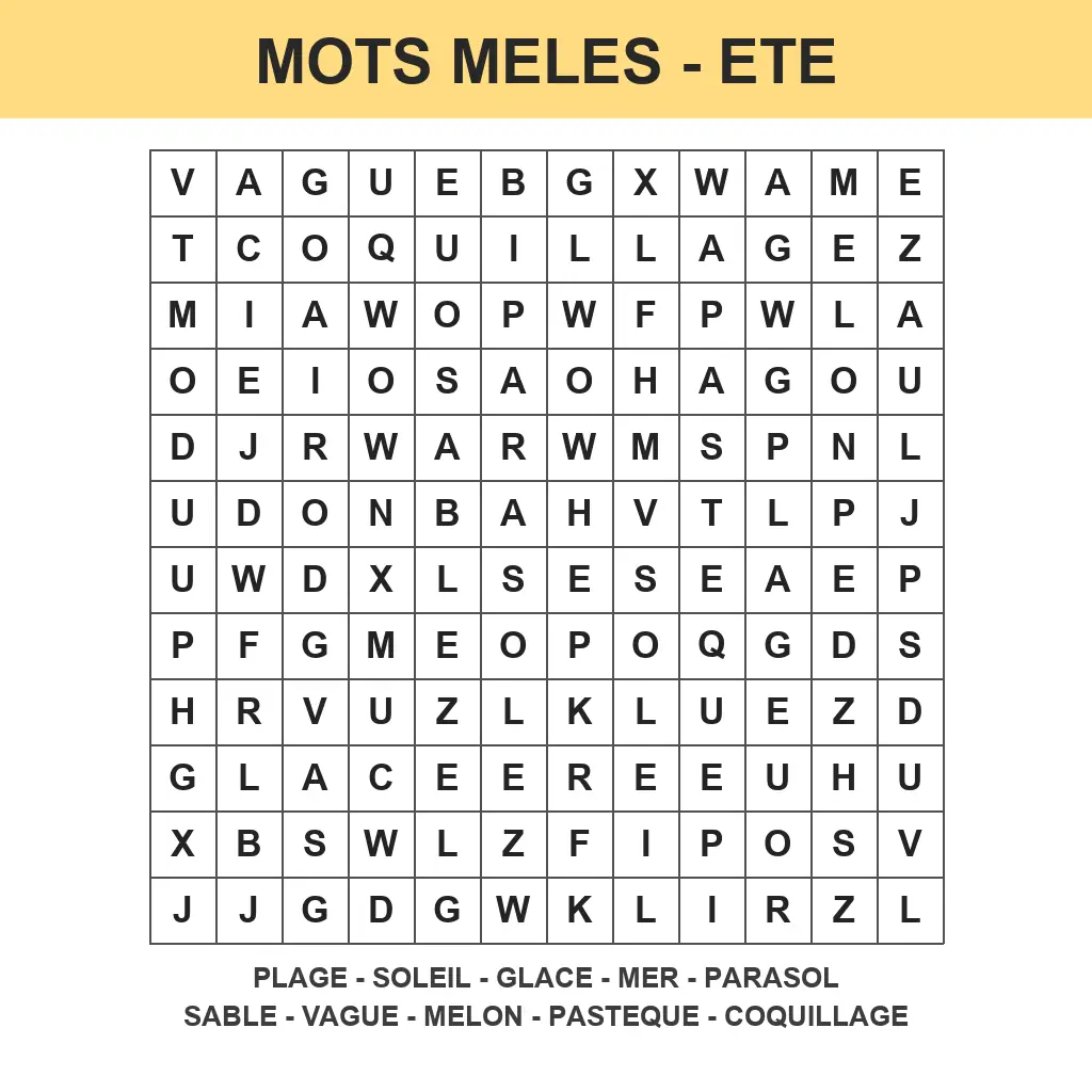 Grille de mots mêlés été à imprimer pour enfant