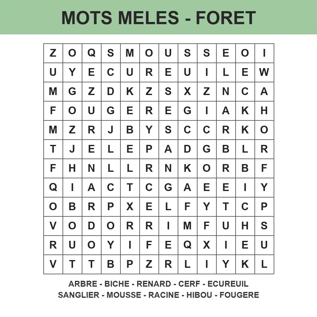Grille de mots mêlés forêt à imprimer pour enfant