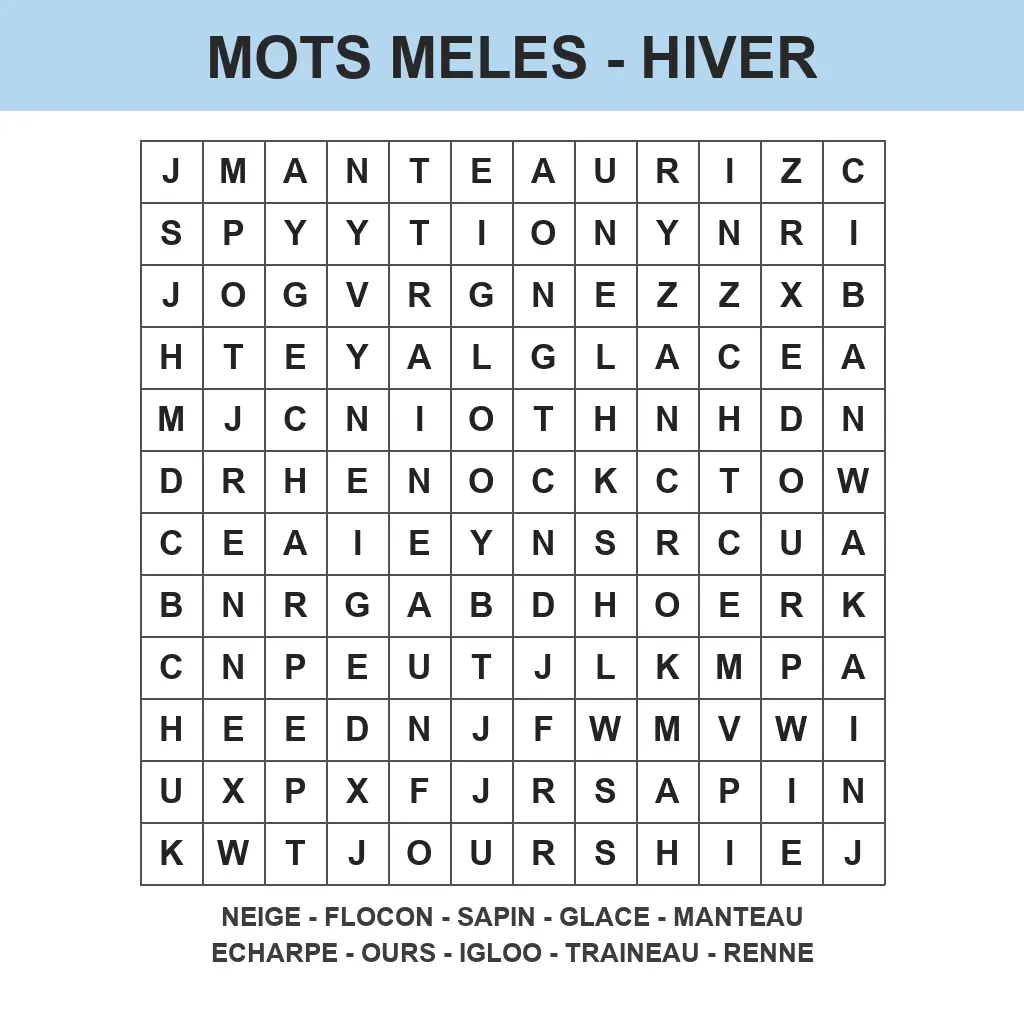 Grille de mots mêlés hiver à imprimer pour enfant