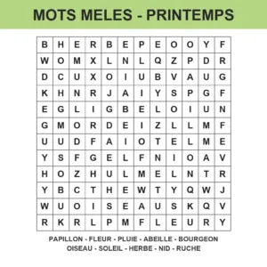 Grille de mots mêlés printemps à imprimer pour enfant