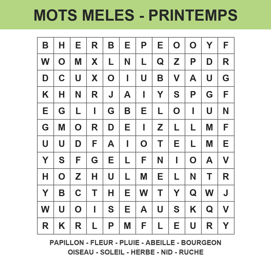 Grille de mots mêlés printemps à imprimer pour enfant
